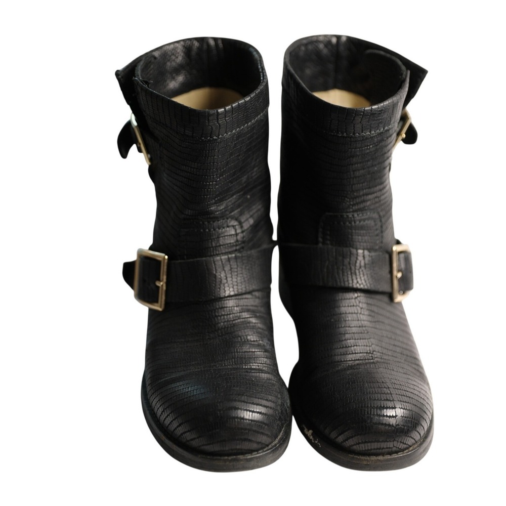 Jimmy Choo Youth Black Lizard Embossed Leather Biker Moto Boots Sliver Buckle 36